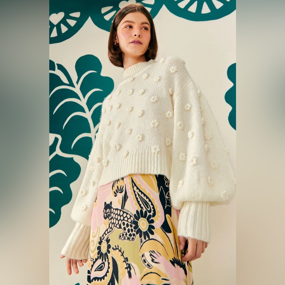 Farm Rio White Handmade Flowers Sweater S Floral Applique Puff Sleeves Knit NWT